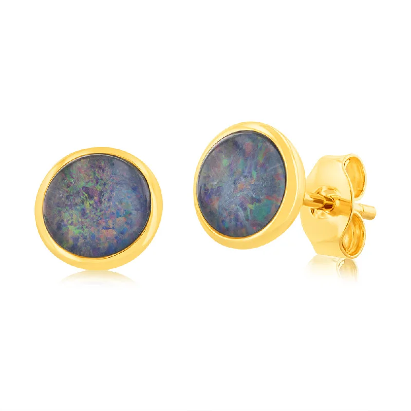 Glamorous Jewelry, Glamorous Deals – Shop Now 9ct Yellow Gold Triplet Opal 6mm Bezel Set Stud Earrings