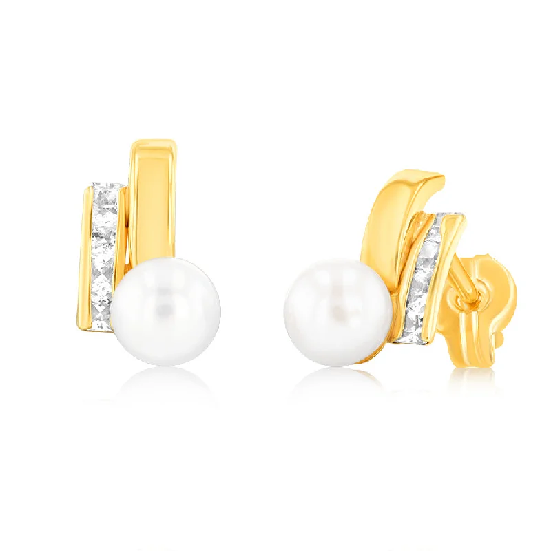 Your Dream Jewelry At Dream Prices – Shop Now 9ct Yellow Gold Zirconia And Fresh Water Pearl Two Band Stud Earrings