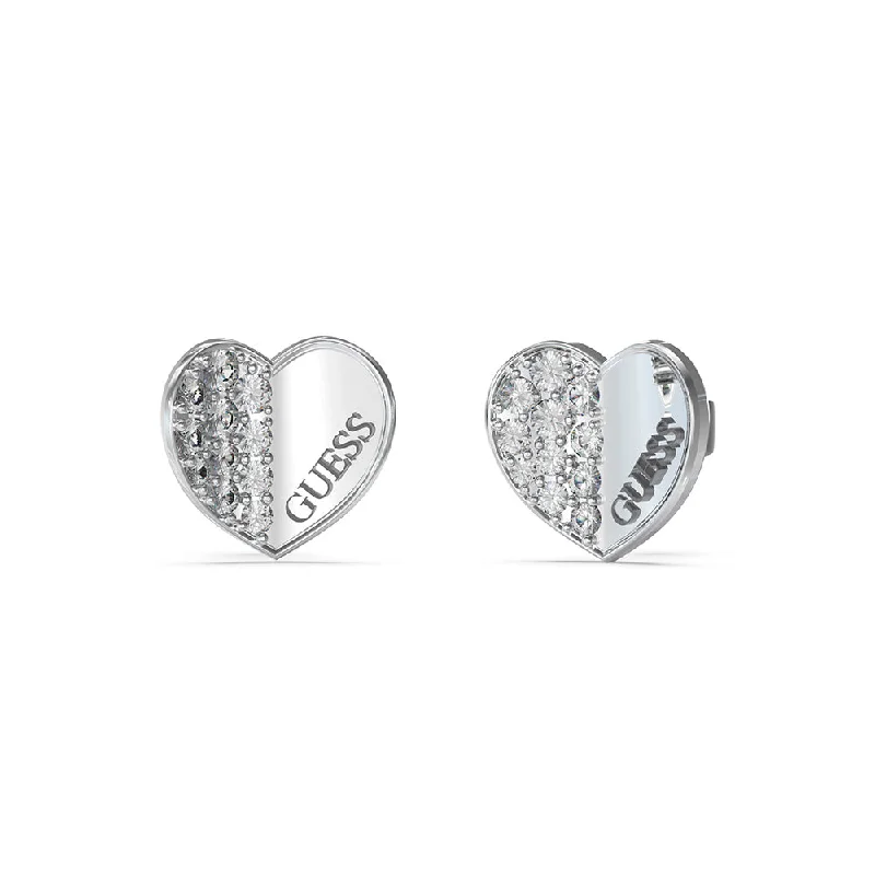 Timeless Beauty, Unbeatable Deals – Jewelry Sale On Guess Rhodium Plated Stainless Steel 12mm Plain & Pave Heart Stud Earrings