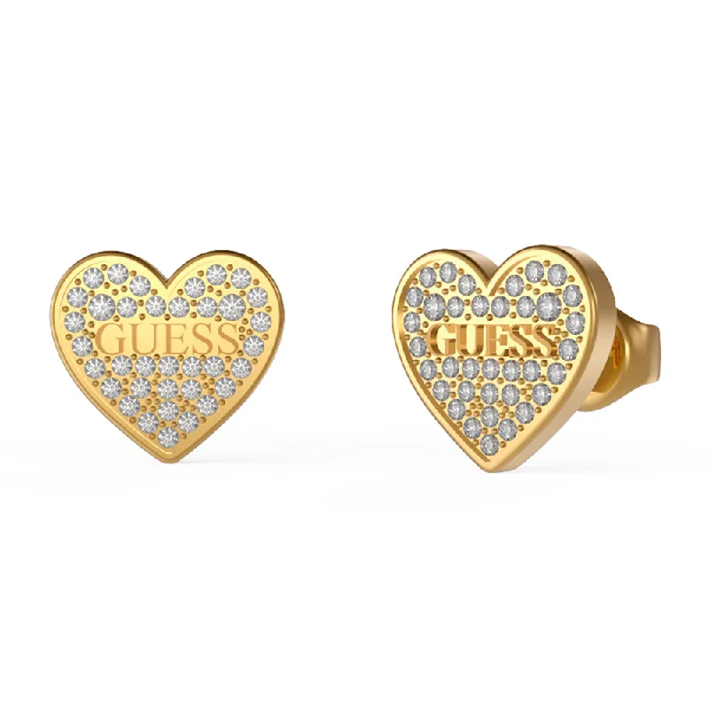 Affordable Elegance – Special Jewelry Sale Now Live Guess Yellow Gold Plated 11mm Pave Logo Heart Stud Earrings