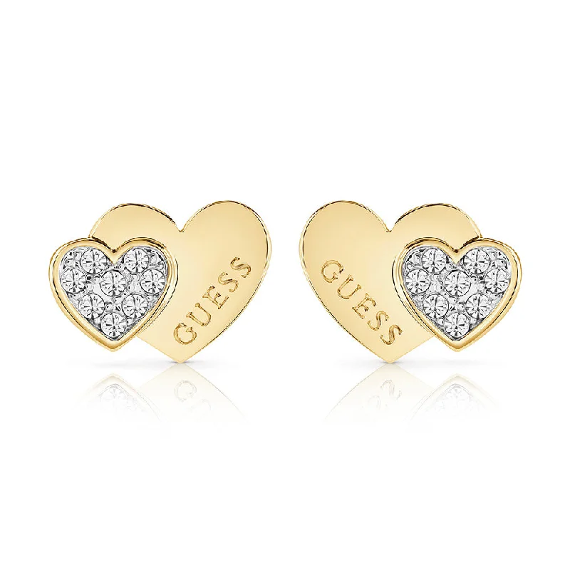 Trending Jewelry Now At Unbeatable Prices Guess Yellow Gold Plated Double Heart Pave Stud Earrings