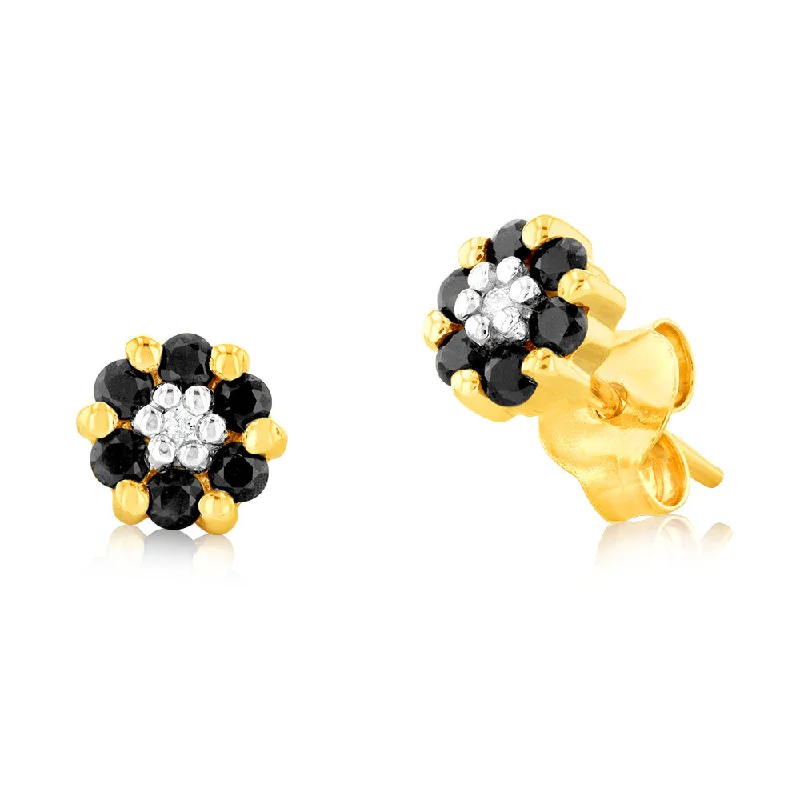 The Ultimate Jewelry Sale – Shop Premium Styles Natural Dark Round Sapphire 1.6mm & Small Diamond Flower Stud Earrings in 9ct Yellow Gold