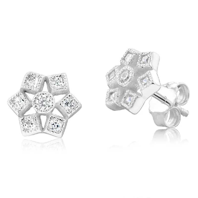 Exclusive Jewelry Discounts – Shop Now For Savings Sterling Silver Geometric Flower Cubic Zirconia Stud Earrings