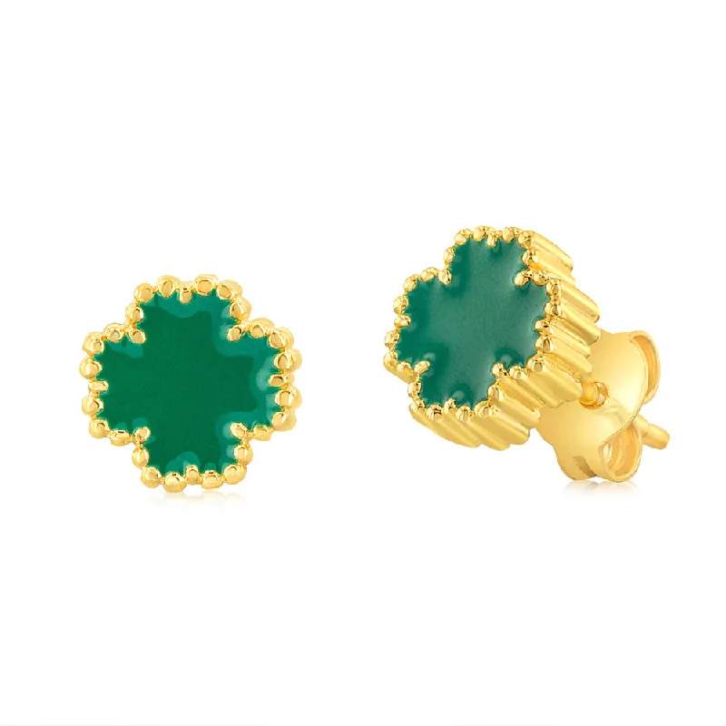 Romantic Heart-Shaped Jewelry For Special Gifts Sterling Silver Gold Plated Green Four Leaf Enamel Flower Stud Earrings