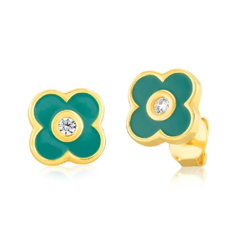 Get The Best Deals On Timeless Jewelry Pieces Sterling Silver Gold Plated Zirconia And Green Enamel Flower Stud Earrings