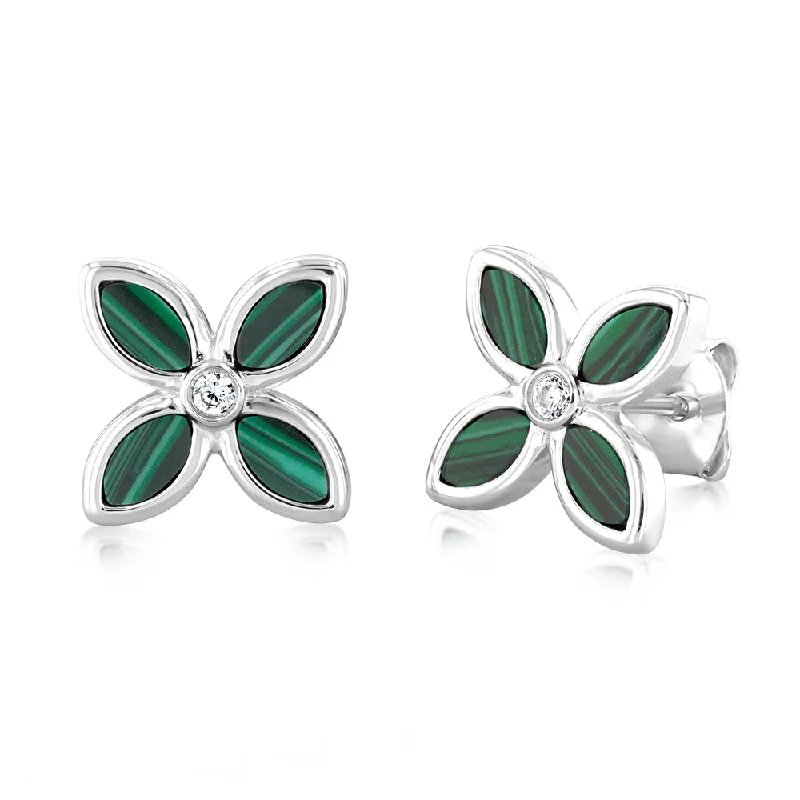 Waterproof Stainless Steel Jewelry For Lasting Beauty Sterling Silver Rhodium Plated Created Malachite Four Petal Stud Earrings