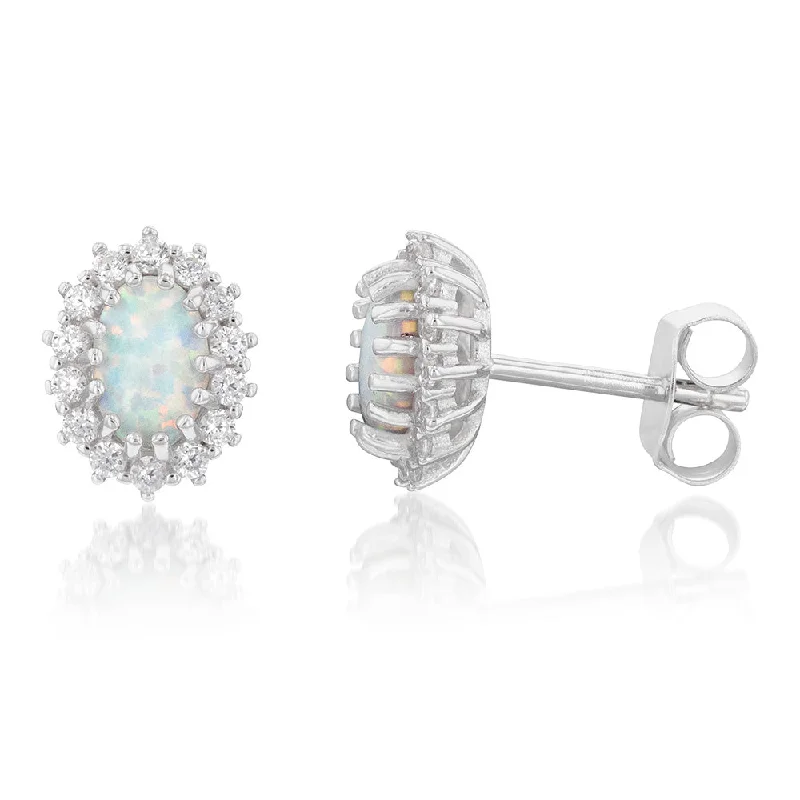 Premium Diamond Jewelry For Unforgettable Moments Sterling Silver Rhodium Plated Cubic Zirconia Synthetic Opal Round Stud Earrings