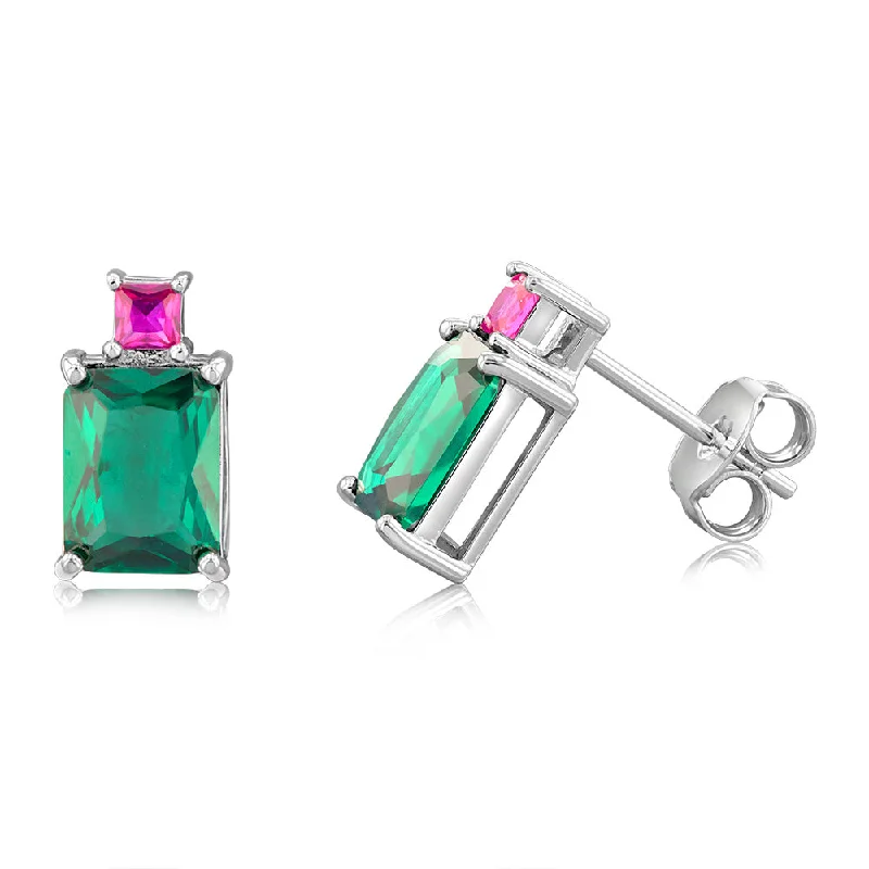 Exclusive Online Jewelry Sale – Don't Wait Sterling Silver Rhodium Plated Green And Pink Cubic Zirconia Stud Earrings