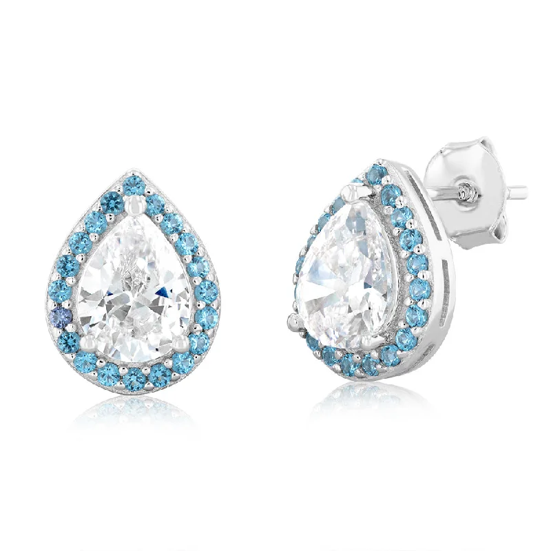 Elegant Rose Gold Jewelry For A Stylish Touch Sterling Silver Rhodium Plated Pear Shaped Blue And White Zirconia Stud Earrings