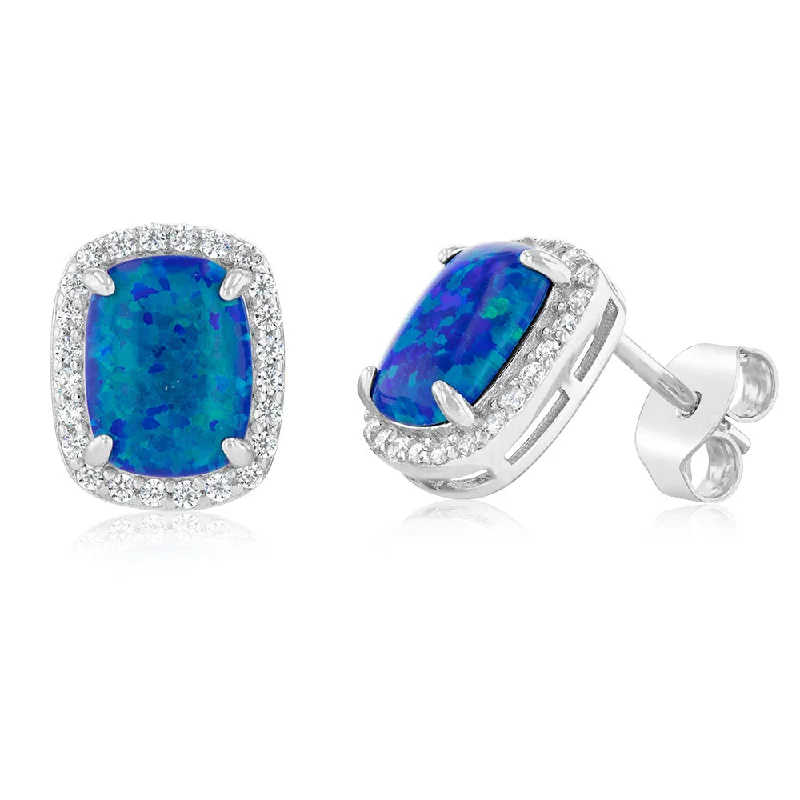 Make Every Moment Shine – Jewelry Discounts Available Sterling Silver Rhodium Plated Rectangle Created Blue Opal And Zirconia Stud Earrings