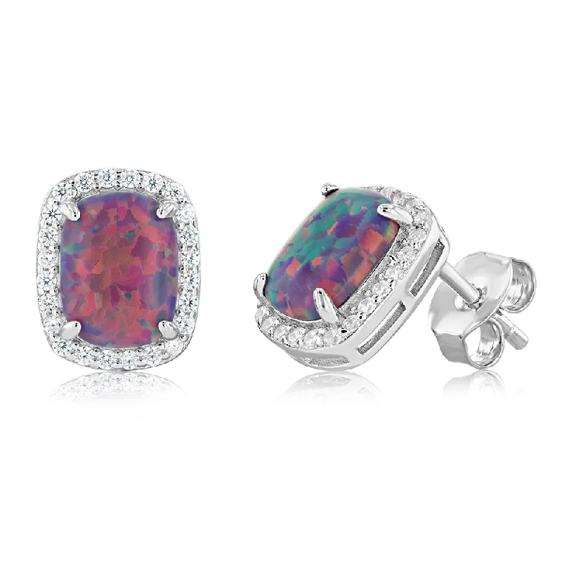 Shine Without Limits – Jewelry Sale Happening Now Sterling Silver Rhodium Plated Rectangle Created Purple Opal And White Zirconia Halo Stud Earrings