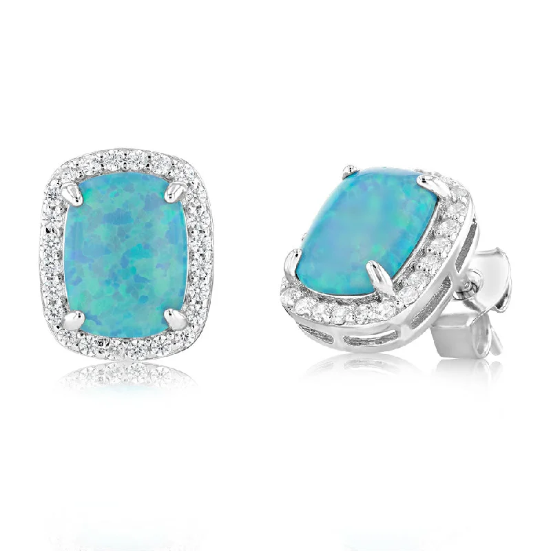 Premium Jewelry At Special Low Prices For A Limited Time Sterling Silver Rhodium Plated Rectangle Created Turquoise Opal And White Zirconia Halo Stud Earrings