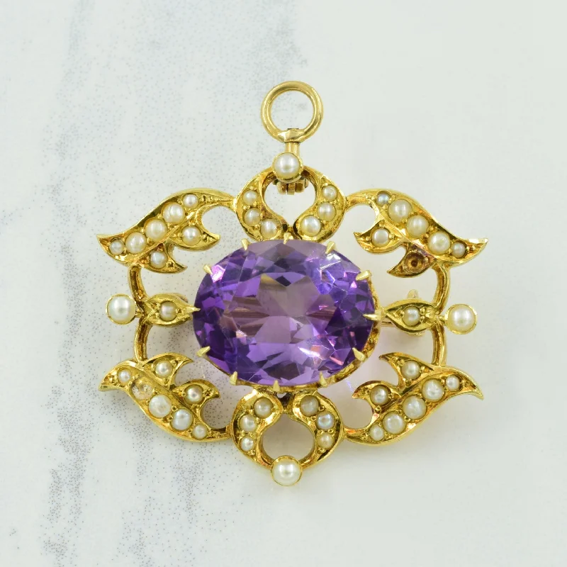 Amethyst & Seed Pearl Brooch & 14k Pendant | 8.75ct, 1.07ctw |